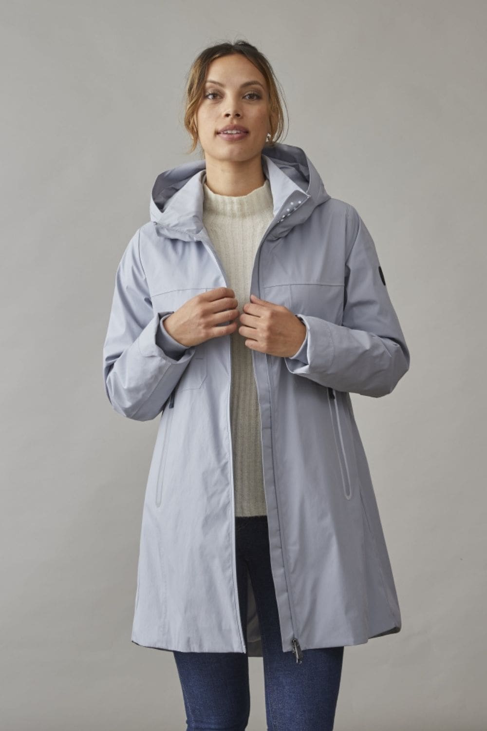 Lis long women's lightweight jacket in dolphin grey – elegant mid-season jacket with taped seams and hood